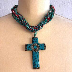 Handmade Beaded Braided Choker Necklace with cross pendant. 16.5 in